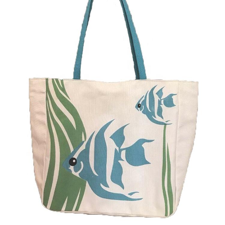 2019 Canvas Tote Lined Angel Fish 15x14x5 White Blue Straps Beach Bag