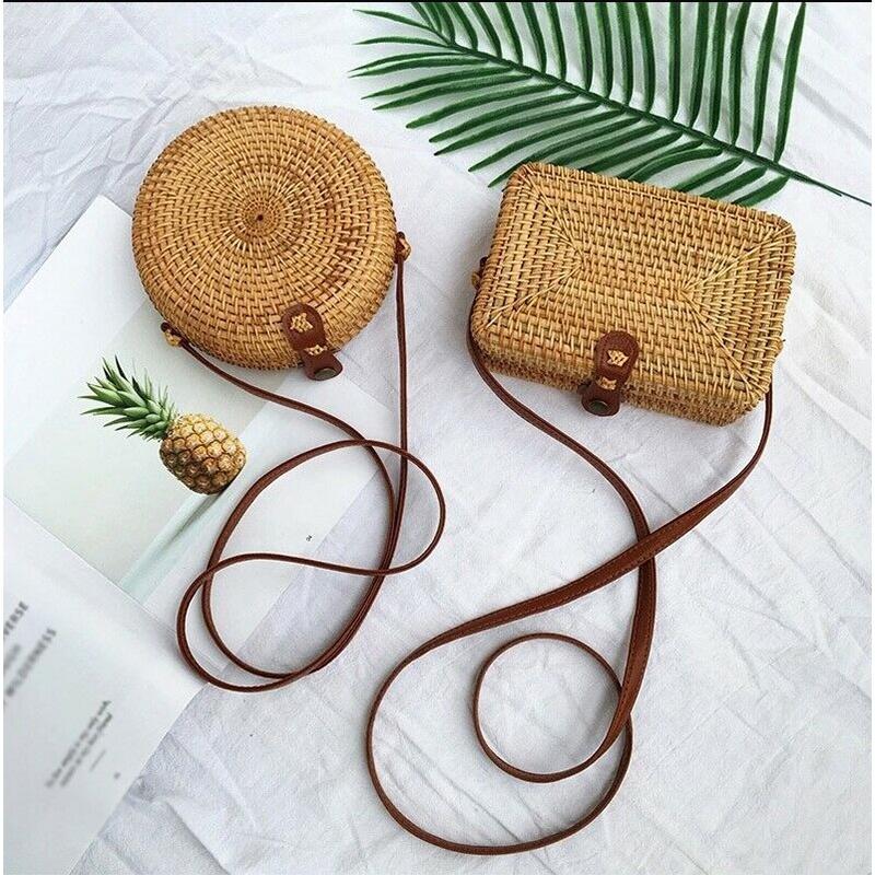 Women Hand-Woven Rattan Bag Lady Straw Purse Wicker Crossbody Beach Bag Gift