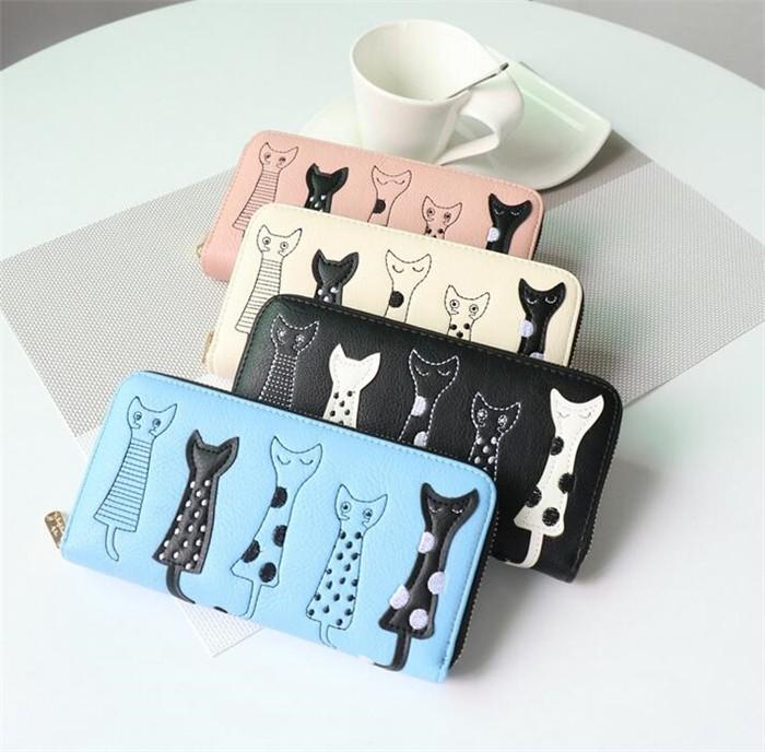 Aliexpress hot sale fashion teen embroidery five little cat cute wallet women