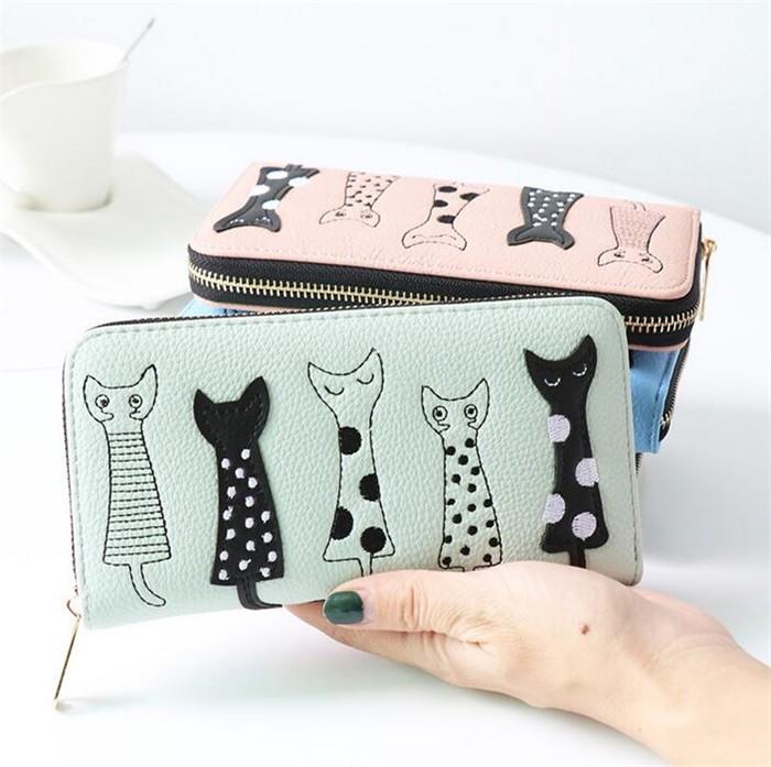 Aliexpress hot sale fashion teen embroidery five little cat cute wallet women