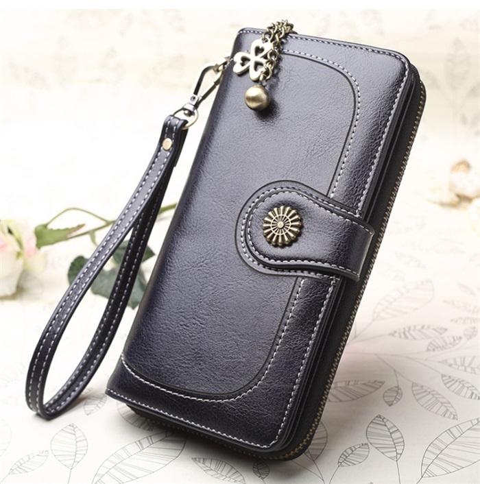 Wholesale vintage oil leather long design pu leather women's clutch wallet